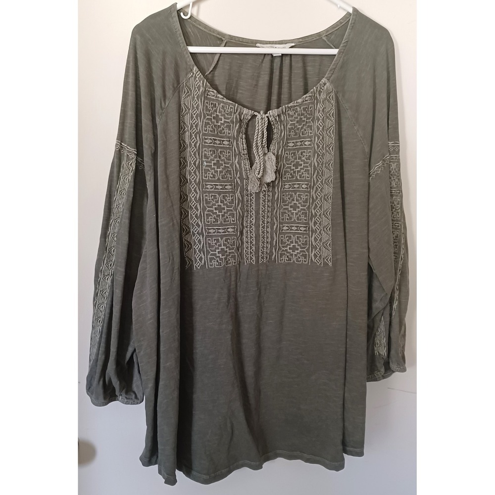 Lucky Brand Peasant Top Womens 3X Olive Green Embroidered Tassel Slub Blouse